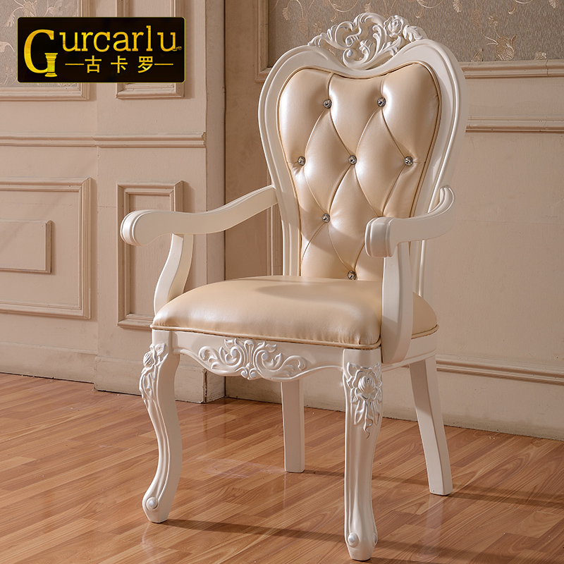 古卡罗家具 欧式实木餐椅 布艺法式餐椅 实木雕花 皮椅带扶手书椅
