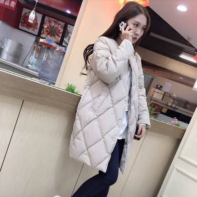 棉袄 2015新款韩版中长款菱形格加厚羽绒服 棉衣面包外套服大衣