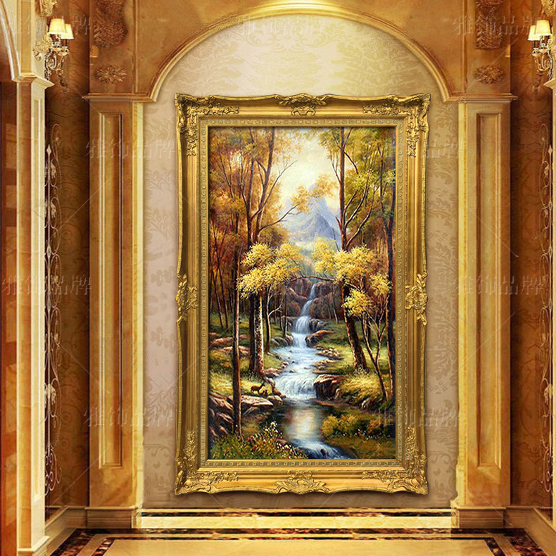欧式油画纯手绘山水风景别墅客厅玄关过道装饰画招财风水竖版挂画