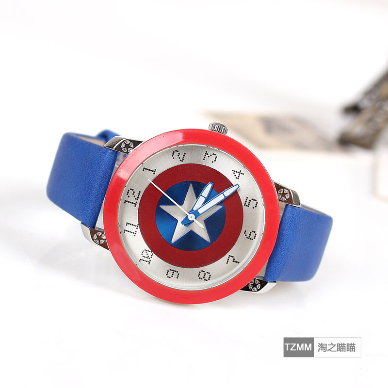 美国队长学生手表男生五角星盾牌青少年手表女创意时尚皮带手表