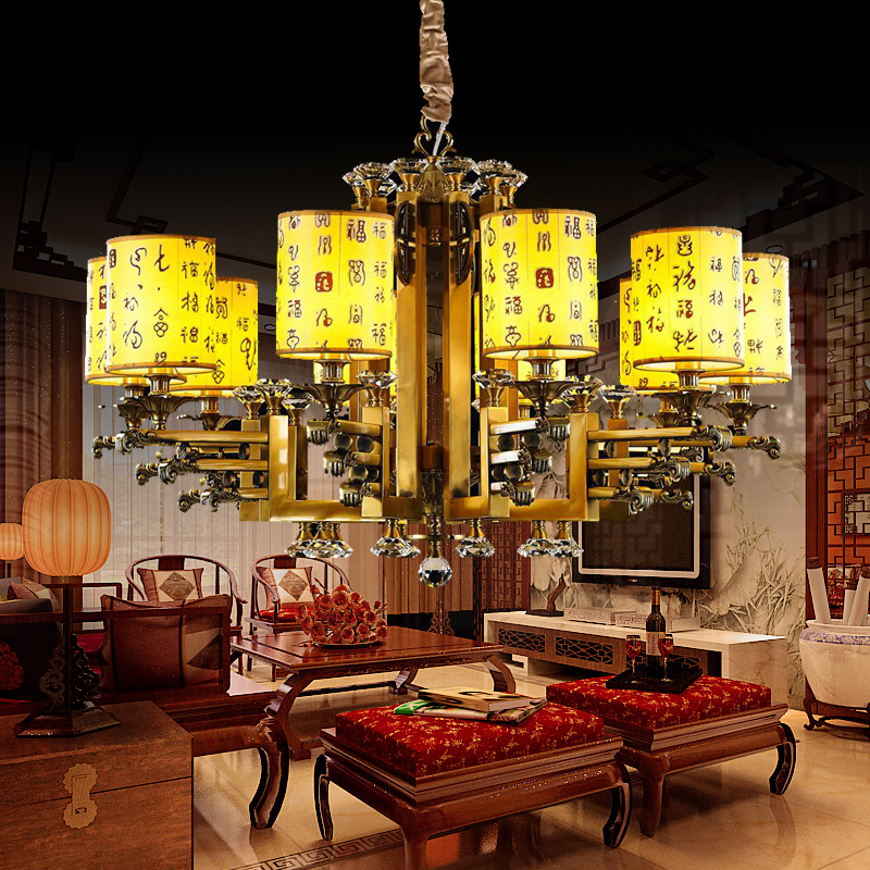 时阳新中式全铜吊灯客厅灯餐厅卧室灯具奢华金丝古铜欧式水晶吊灯