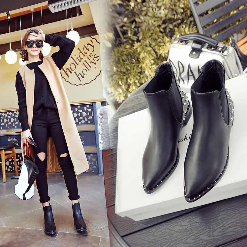 2016新款韩版秋冬短筒马丁靴女中跟粗跟女靴英伦t尖头短靴女黑色