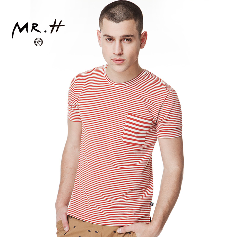 MR．H设计师原创男式短袖t恤夏季圆领条纹半袖纯棉修身简约打底衫