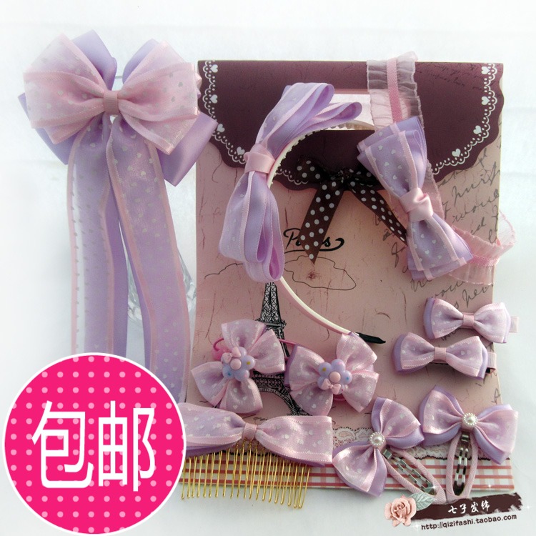 韩国进口手工儿童生日节日礼品套装粉紫公主发箍发梳发绳发带包邮
