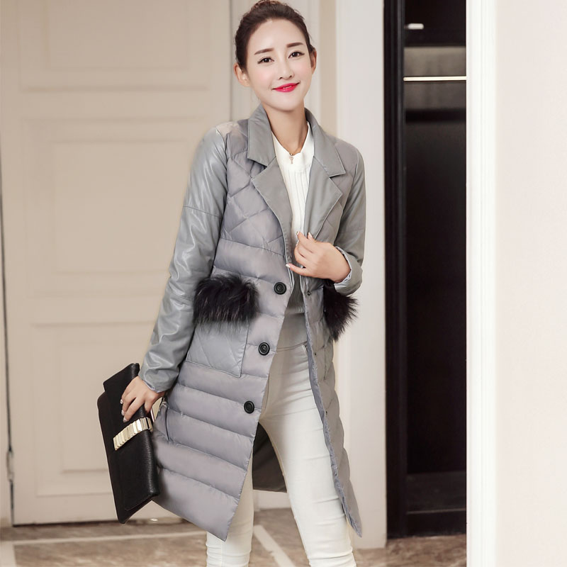 2016冬装新款韩版修身棉衣外套女气质中长款PU皮袖拼接羽绒棉服潮