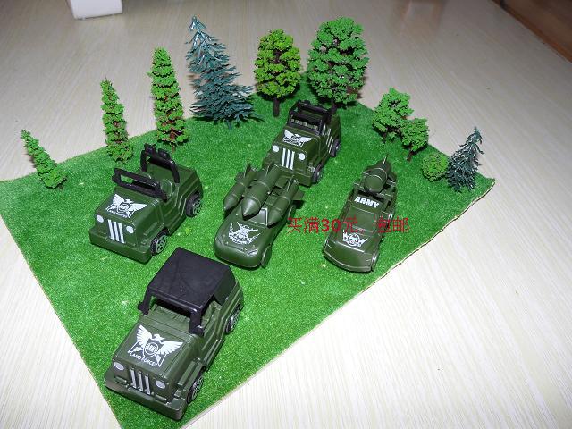 沙盘成品模型，军事森林场景，建筑模型小树车，心理沙盘