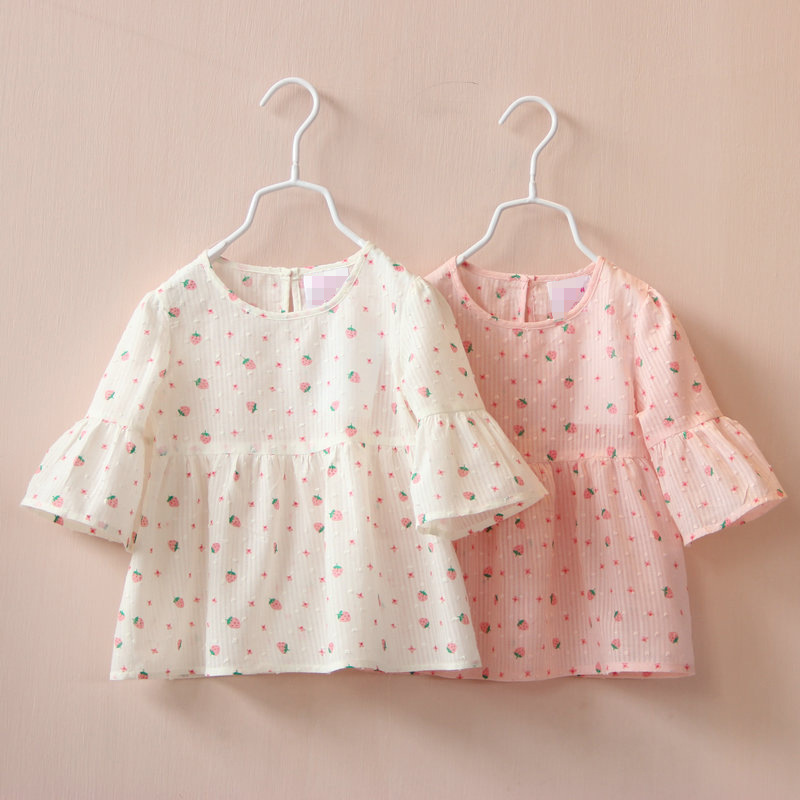 夏季童装哈哈兔D夏季新款童装女童小草莓喇叭袖中袖娃娃衫