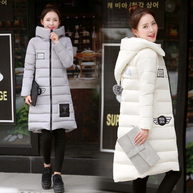 2016新款冬韩版女款过膝长款修身显瘦时尚连帽羽绒棉服外套