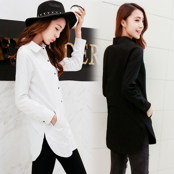 2016春装新款韩版女式中长款棉长袖衬衫白色休闲气质打底女衬衣潮