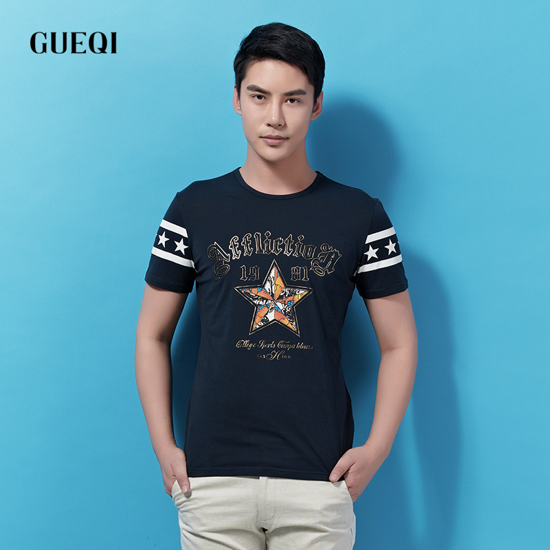 GUEQI2015夏新款男士韩版休闲个性五角星印花T恤圆领免烫青年短袖