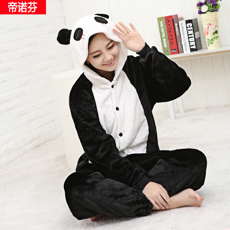 帝诺芬秋冬季加厚法兰绒卡通动物连体睡衣熊猫男女情侣家居服套装