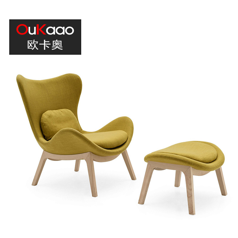 欧卡奥现代皮布艺单人实木休闲沙发椅子北欧设计师客厅洽谈接待椅
