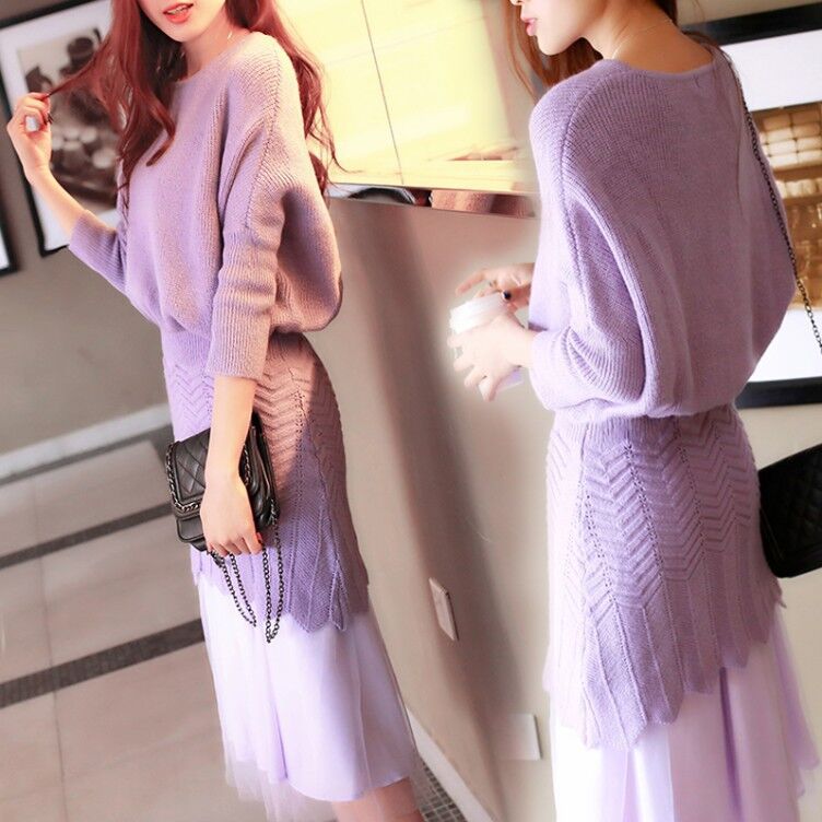 2015秋装韩版两件套毛衣针织套装蕾丝长裙修身大码女装连衣裙冬装
