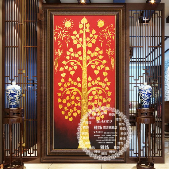 东南亚泰式玄关走廊过道背景装饰画手绘油画有框画壁画竖版菩提树