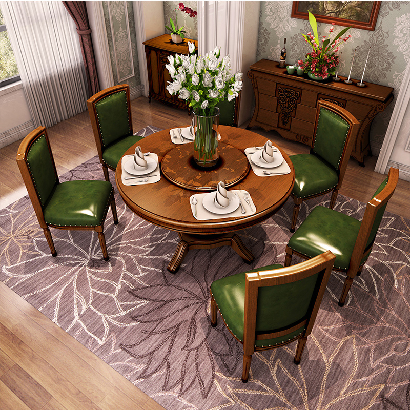 美式餐桌 欧式圆餐桌全实木雕花长方形饭桌椅组合