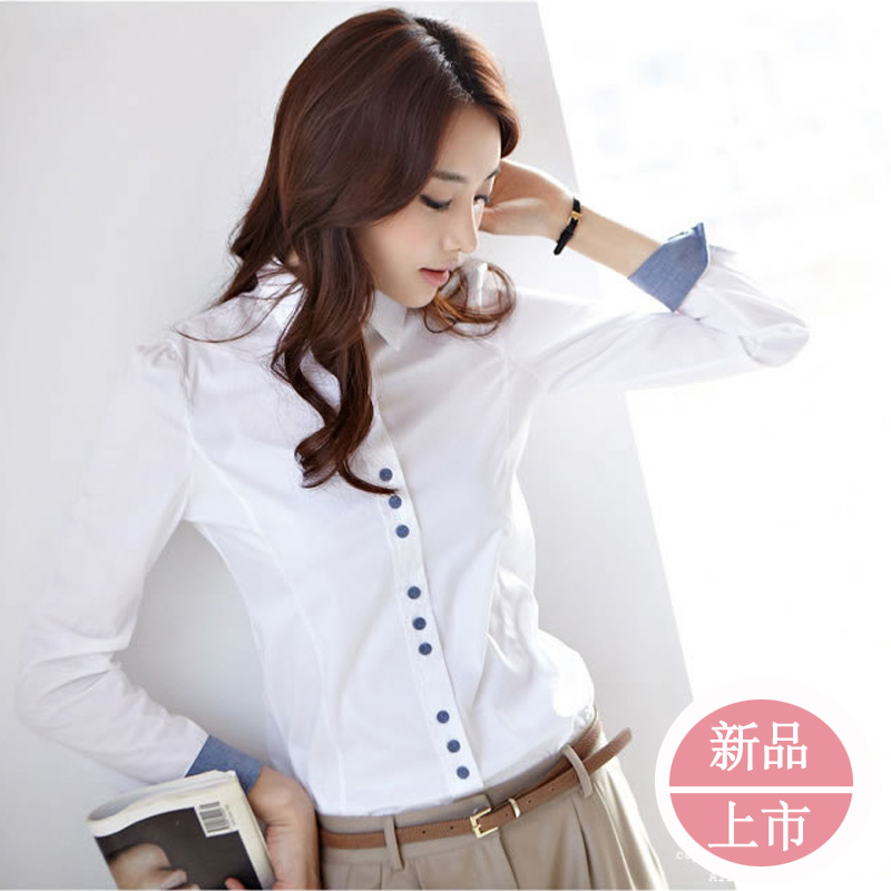 白衬衫 女长袖韩版翻领拼接格子女士衬衣大码职业装2015秋装上衣