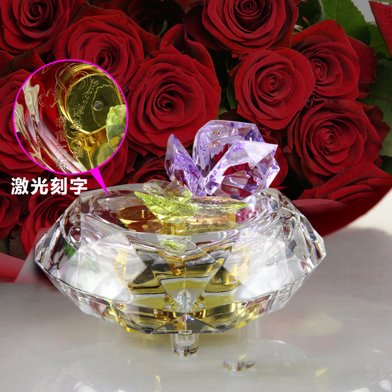 玫瑰之心 心形定制亚克力七彩玫瑰音乐盒 送女友生日圣诞情人礼物