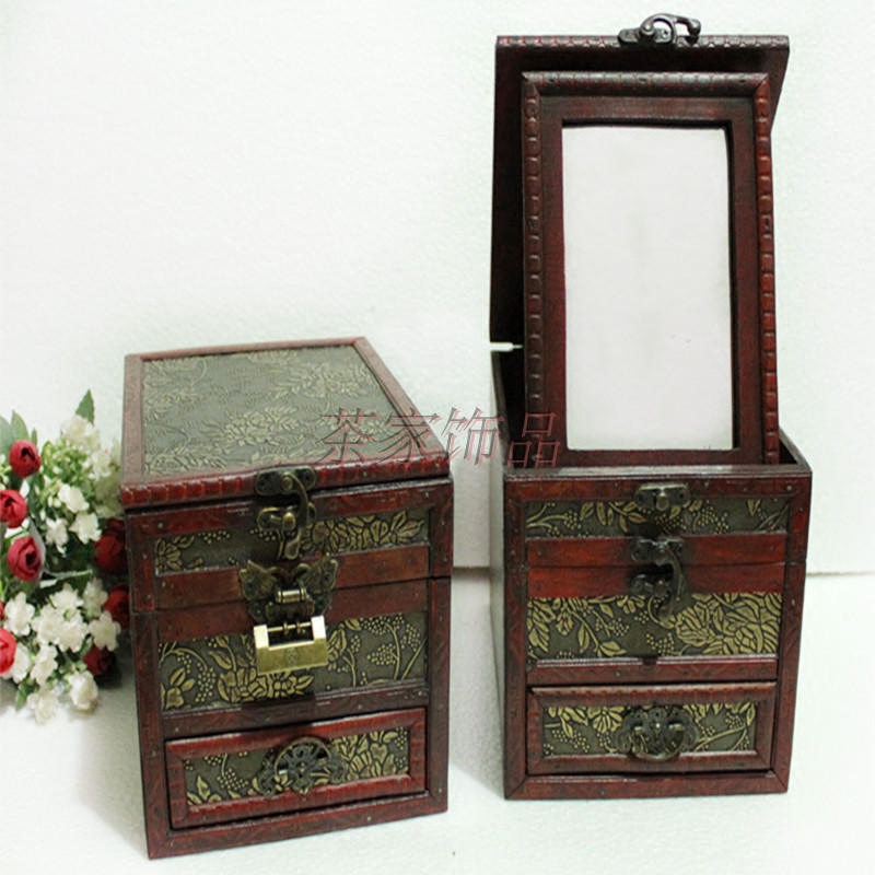 创意中式古典手工木质首饰盒复古带锁多层带镜饰品储物收纳仿古盒