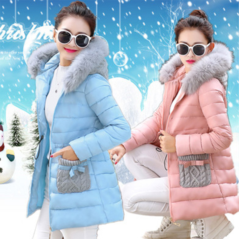 2015韩版新款品质中长款女外套 时尚连帽针织棉服女毛领女装