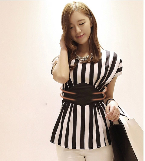2014夏装新款韩版大码短袖上衣修身收腰黑白条纹雪纺衫女