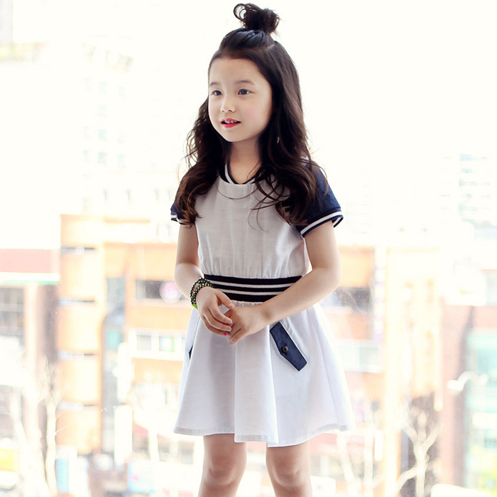 女童新款韩版白色收腰显瘦连衣裙短袖海军风儿童裙子