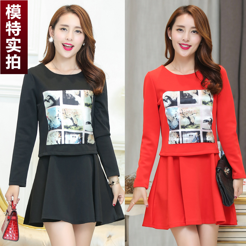 2015早秋新款女韩版大码印花长袖上衣两件套装连衣裙潮