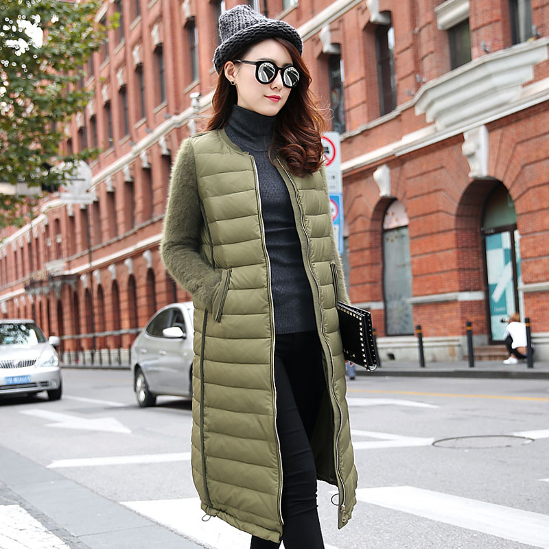 2016冬季新款韩版拼接针织袖外套中长款显瘦直筒白鸭绒羽绒服女潮