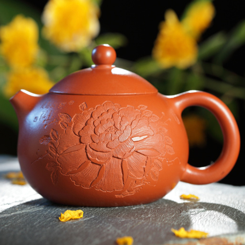 师茶物语紫砂壶 宜兴正品全手工牡丹刻绘茶壶 倒把西施球孔壶