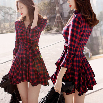 2015秋装新款大码女装韩版修身长袖格子衬衫裙复古短裙打底连衣裙