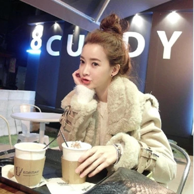 2015年韩版冬装新款机车皮羊羔毛中长款棉衣棉服女加厚鹿皮绒外套