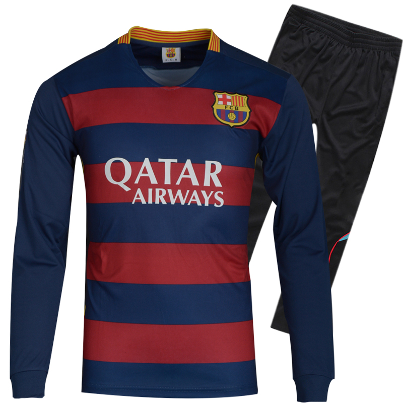 新款15-16巴萨长袖足球服套装 10号梅西足球训练服11内马尔足球衣