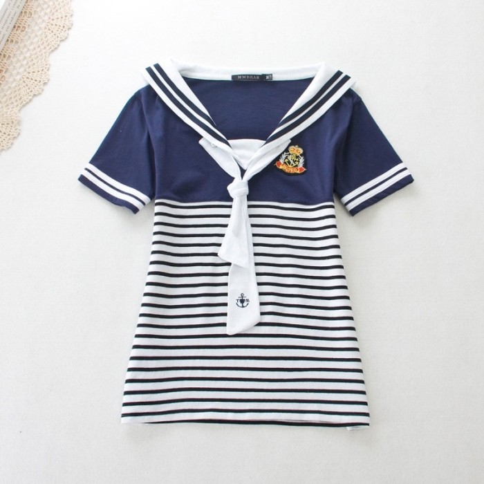 少女学生夏装英伦学院风条纹短袖海军拼接T恤衫水手服