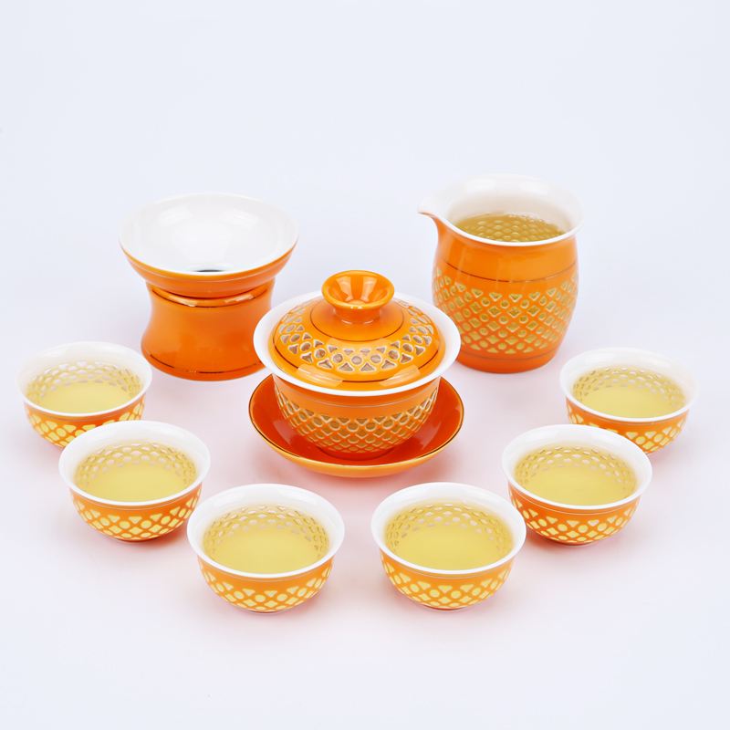 整套玲珑功夫茶具盖碗镂空蜂巢橙色茶杯景德镇陶瓷礼品特价包邮