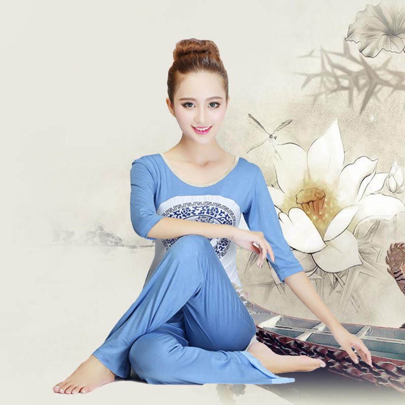 中国风优质莫代尔舞蹈服热卖健身服青花瓷印花瑜伽服厂家直销批发