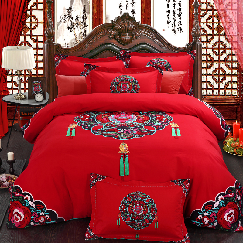 古典民族风四件套 2015新款纯棉磨毛婚礼大红色被套婚庆床上用品