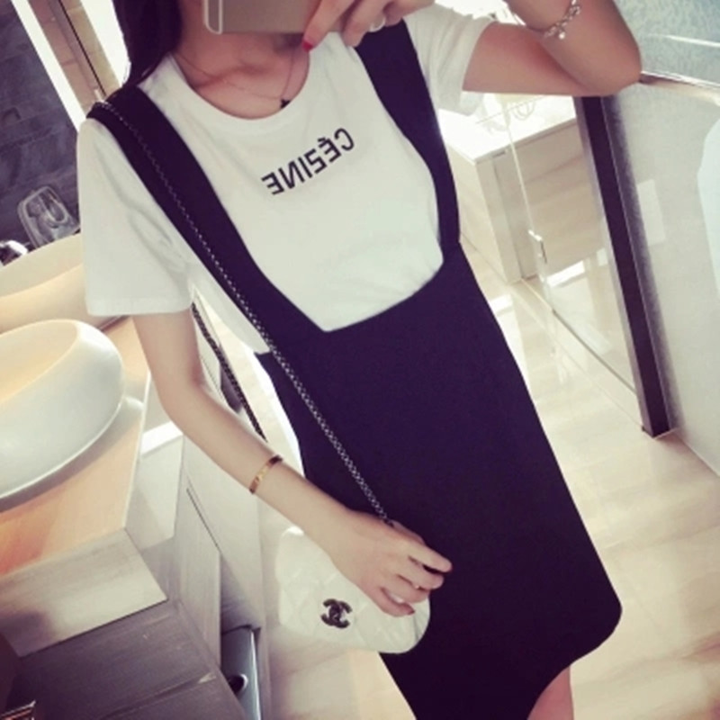 2015韩版新款女装修身短袖T恤+大码背带半身裙休闲两件套连衣裙夏