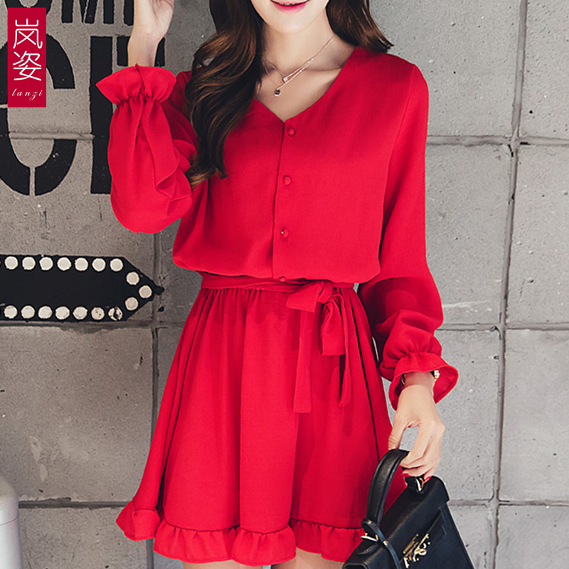 【天天特价】韩版女装荷叶边长袖V领显瘦气质打底宽松红色连衣裙