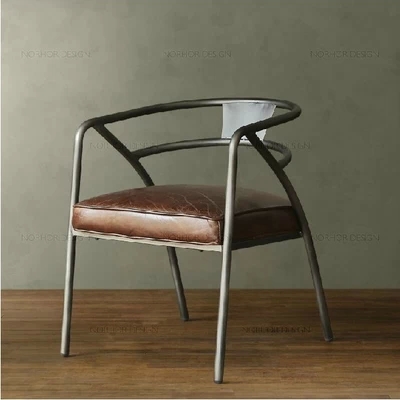 美式真皮铁艺户外休闲椅客厅餐椅低靠背仿古做旧咖啡椅皮质办公椅