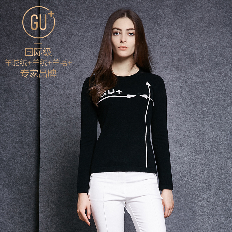 GU+2015女装秋季新款长袖圆领薄款套头毛衣 羊毛山羊绒衫 拼色