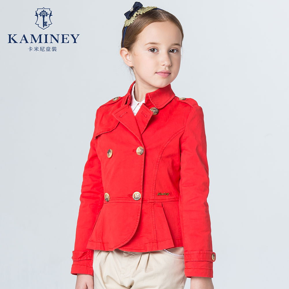 卡米尼童装2016春装新款女童双排扣风衣中大童儿童纯色外套夹克