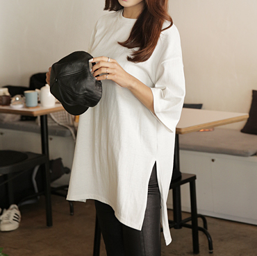 韩国正品代购女装 侧身高开叉纯色中长款休闲宽松短袖T恤潮现货