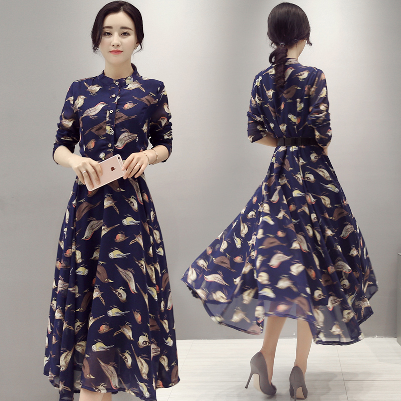 2016春装新款连衣裙女韩版印花修身显瘦长袖雪纺中长款