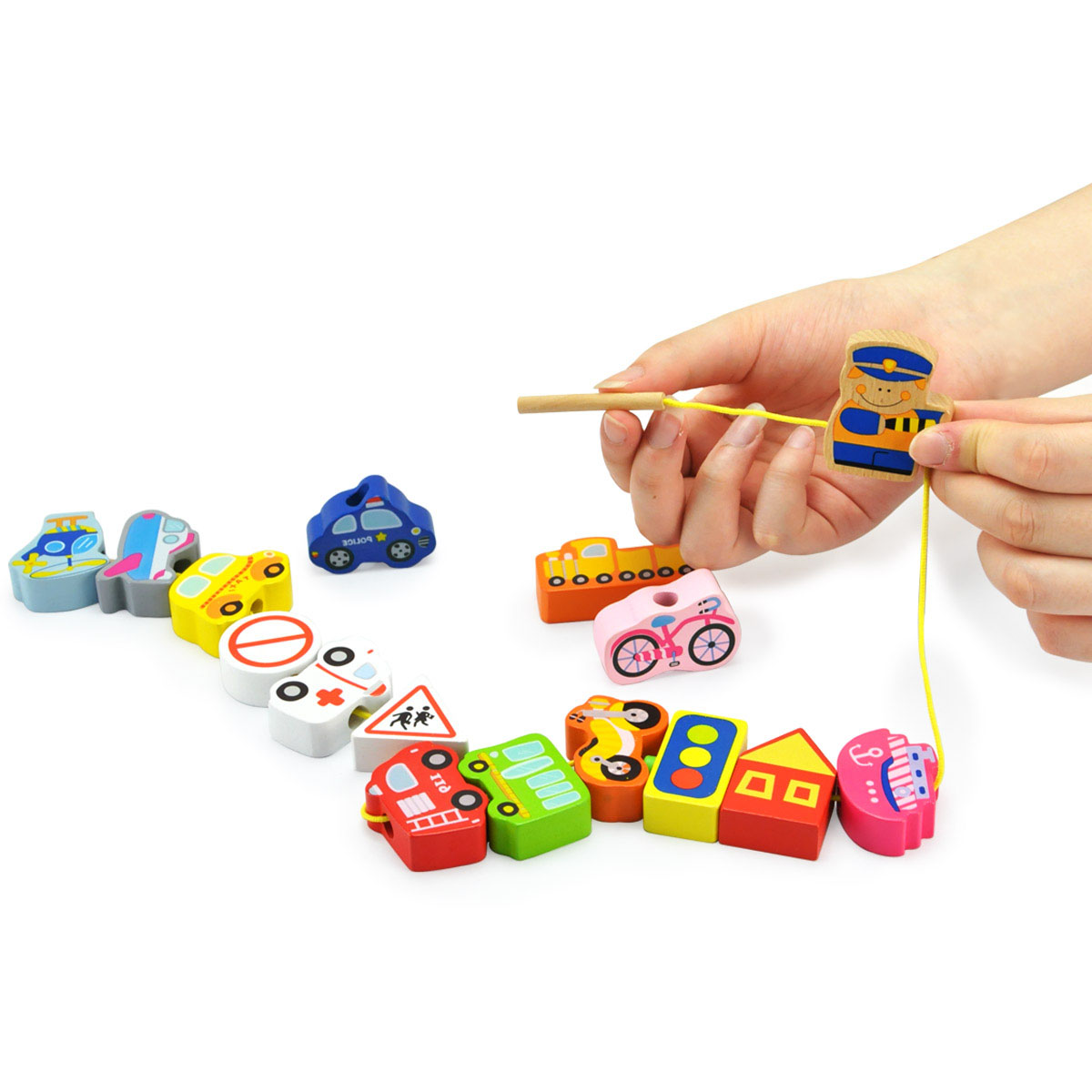 木质交通工具认知穿线串珠玩具儿童益智玩具宝宝串珠绕珠手眼协调