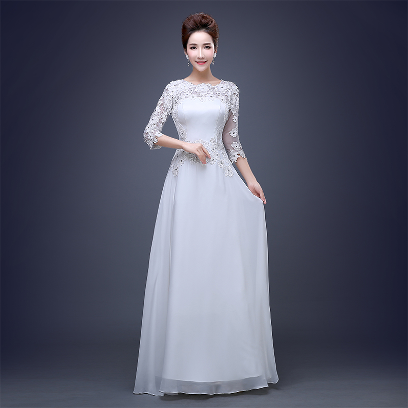2016秋装款韩式七分袖修身蕾丝中袖绣花宴会结婚长款主持晚礼服裙