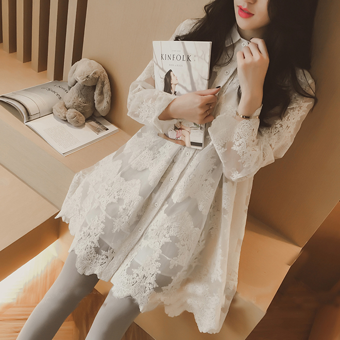 韩国代购2016春季新款女装中长款白色衬衫裙打底裙长袖蕾丝连衣裙