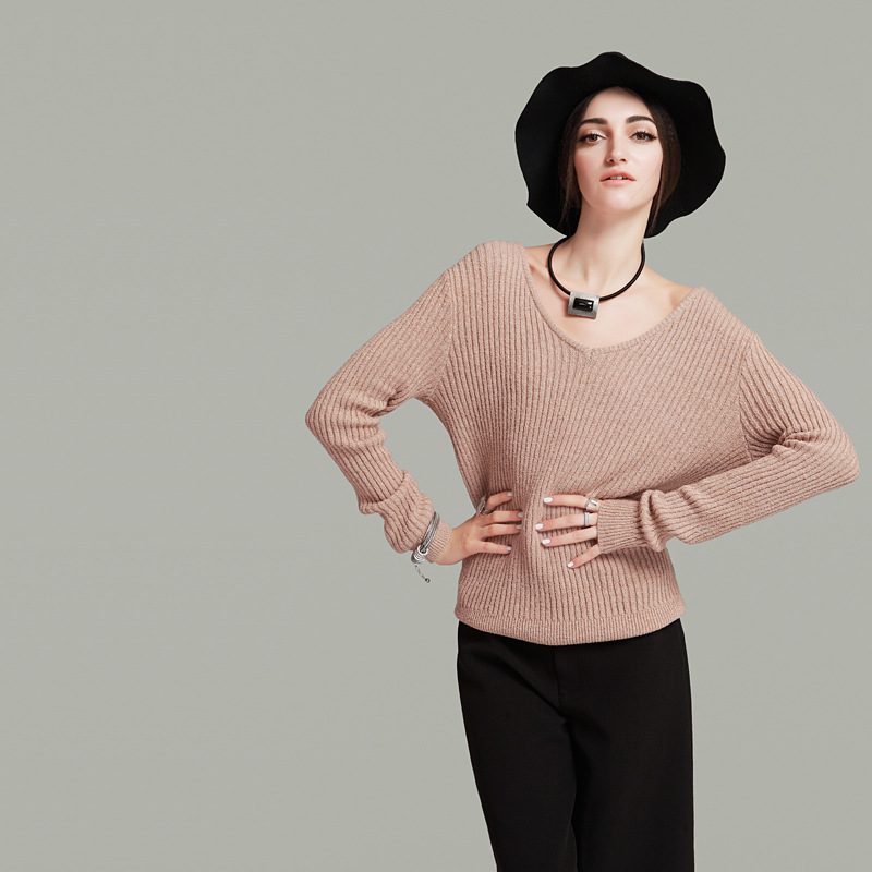 欧洲站2016秋季女装新款V领长袖纯色套头针织毛衣修身显瘦上衣潮