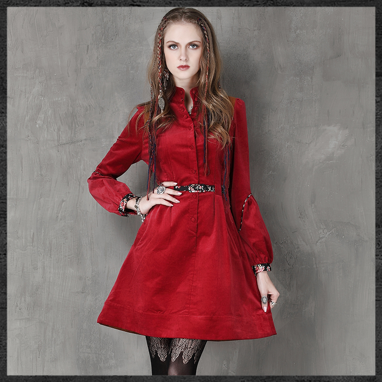 2015秋冬新品女装 复古灯芯绒立领红色花纹拼接腰带中长裙 连衣裙