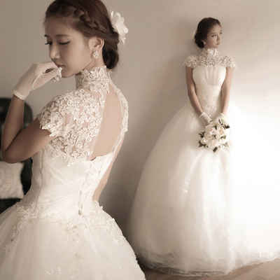 韩式蕾丝挂脖公主新娘绑带齐地婚纱礼服2016新款3267