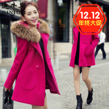 迪牛斯    2015秋冬新款 韩版时尚修身毛呢外套 玫红色 S