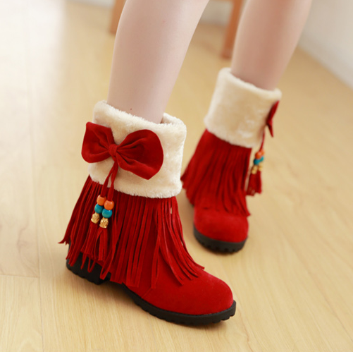 2016新款春秋冬季靴子女鞋34码红色流苏韩版3-5cm磨砂学生短筒靴